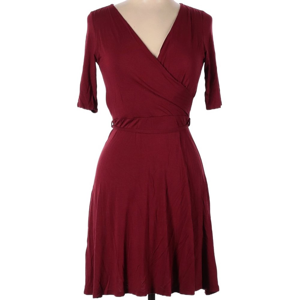 Gilli Burgundy Green V-Neck Surplice Tie Faux Wrap Dress L